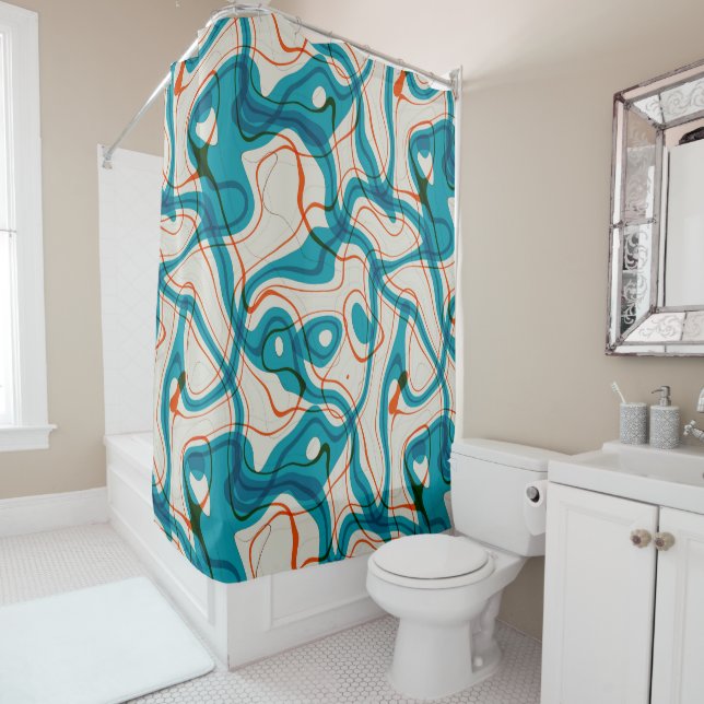 Turquoise and Red Swirls Shower Curtain (In Situ)
