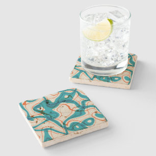 Turquoise and Red Swirls Stone Coaster
