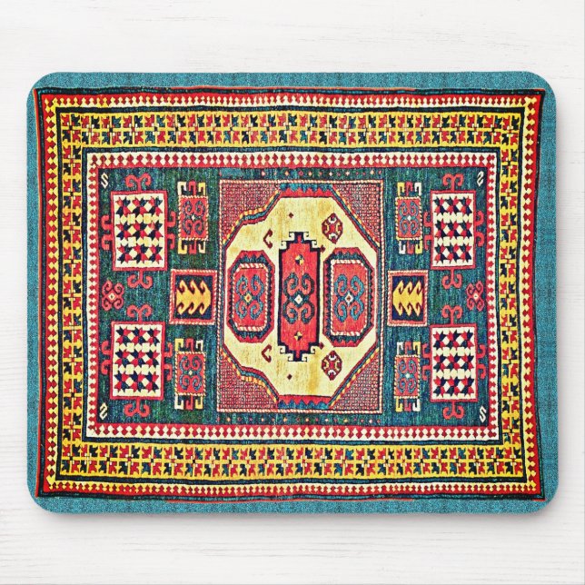 Turquoise and Rose Red Kazak Oriental Rug Design Mouse Mat (Front)