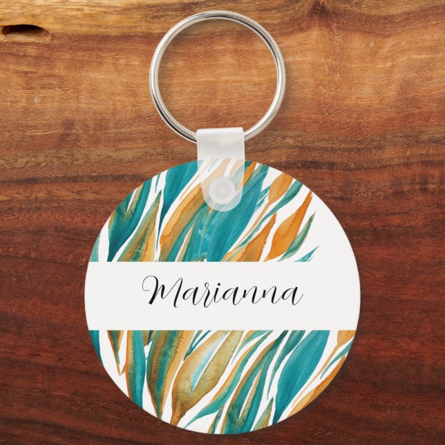 Turquoise And Rust Fall Watercolor Hand-painted Key Ring (Front)