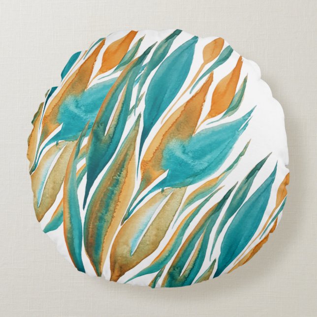 Turquoise And Rust Fall Watercolor Hand-painted Round Cushion (Front)