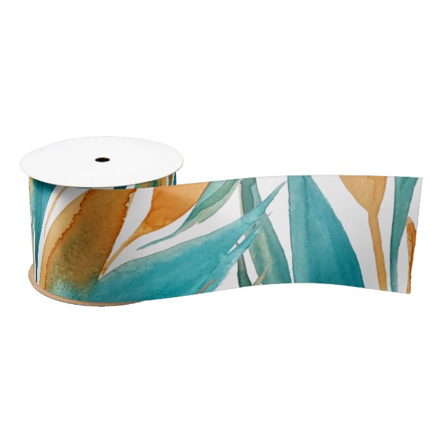 Turquoise And Rust Fall Watercolor Hand-painted Satin Ribbon (Spool)