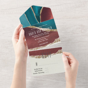 Turquoise and Rust Gold Alcohol Ink Wedding All In One Invitation