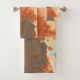Turquoise and Rust Marble Abstract Bath Towel Set