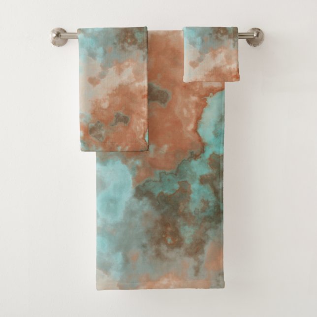 Turquoise and Rust Marble Abstract Bath Towel Set (Insitu)