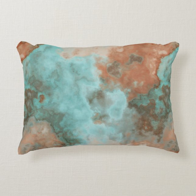 Turquoise and Rust Marble Abstract Decorative Cushion (Front)