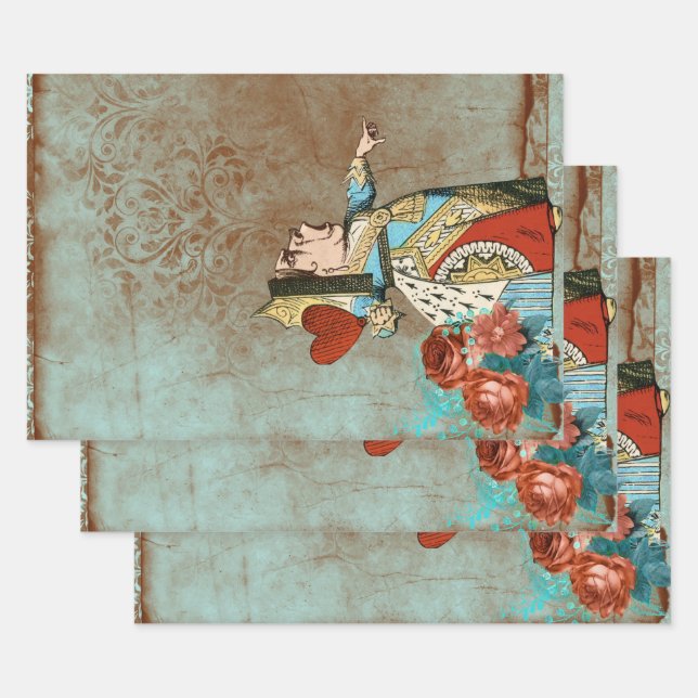 Turquoise and Rust Queen of Hearts Wrapping Paper Sheet (Set)