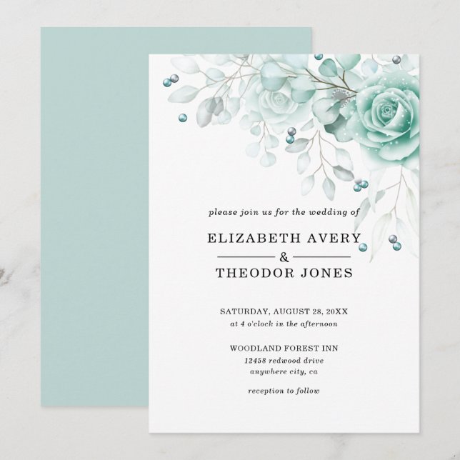 Turquoise and sage greens Floral Wedding Invitatio Invitation (Front/Back)