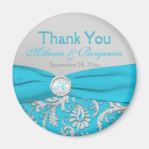 Turquoise and Silver Damask Wedding Favour Magnet