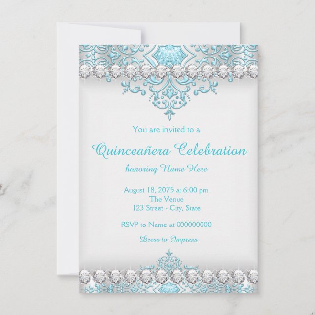 Turquoise and Silver Diamond Quinceanera Invitation (Front)
