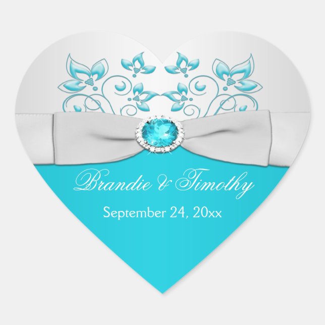 Turquoise and Silver Floral Heart Shaped Sticker (Front)
