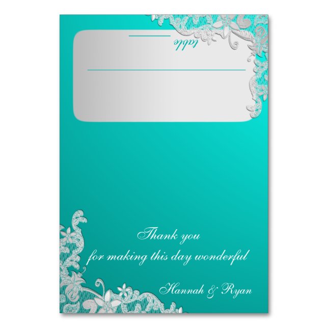 Turquoise and Silver Floral Lace Design Table Number (Front)