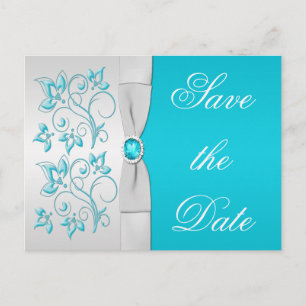Turquoise and Silver Floral Save the Date Announcement Postcard