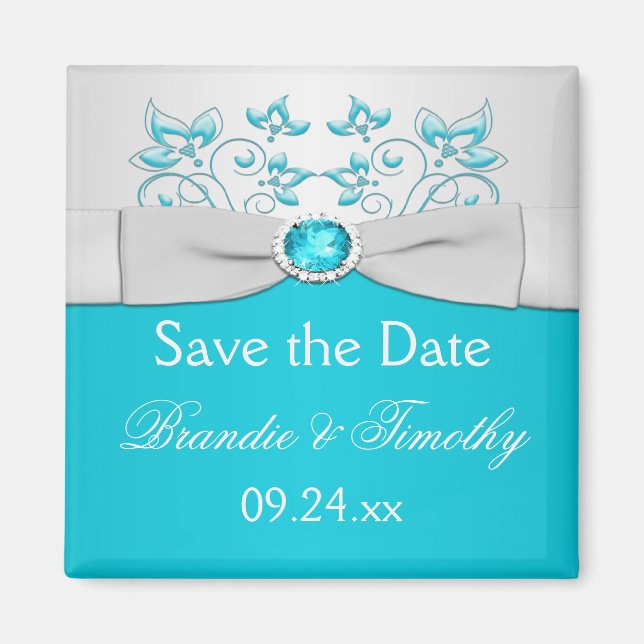Turquoise and Silver Floral Save the Date Magnet (Front)