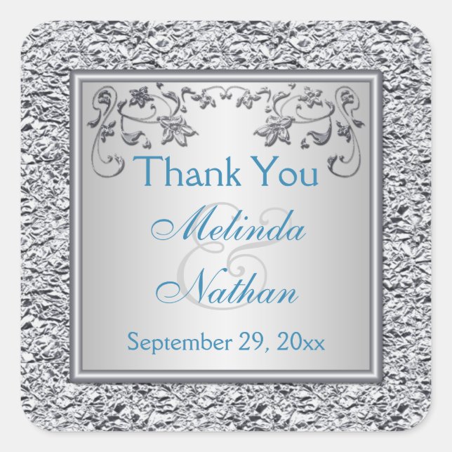 Turquoise and Silver Floral Wedding Favour Sticker (Front)