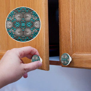 Turquoise and Silver Flowers Ceramic Knob