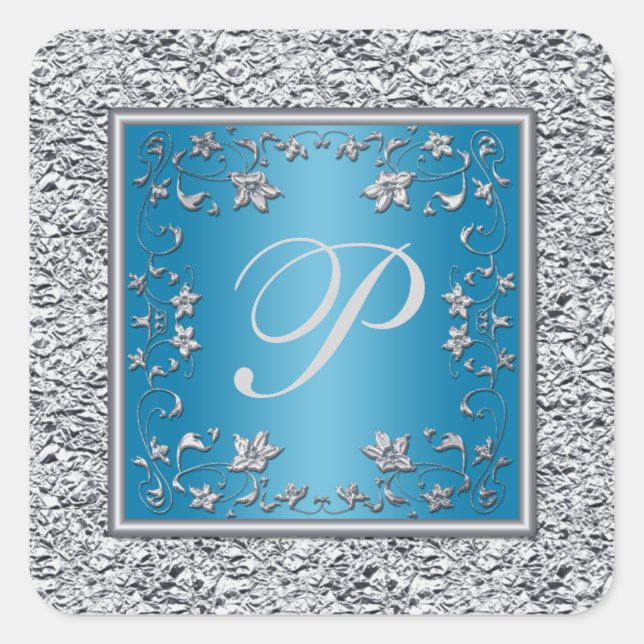 Turquoise and Silver Foil Floral  Monogram Sticker (Front)