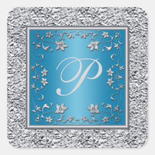 Turquoise and Silver Foil Floral  Monogram Sticker