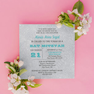 Turquoise and Silver Glitter Glam Bat Mitzvah Invitation
