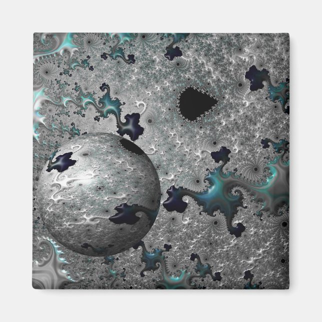 Turquoise and Silver Mandelbrot with Sphere Magnet (Front)