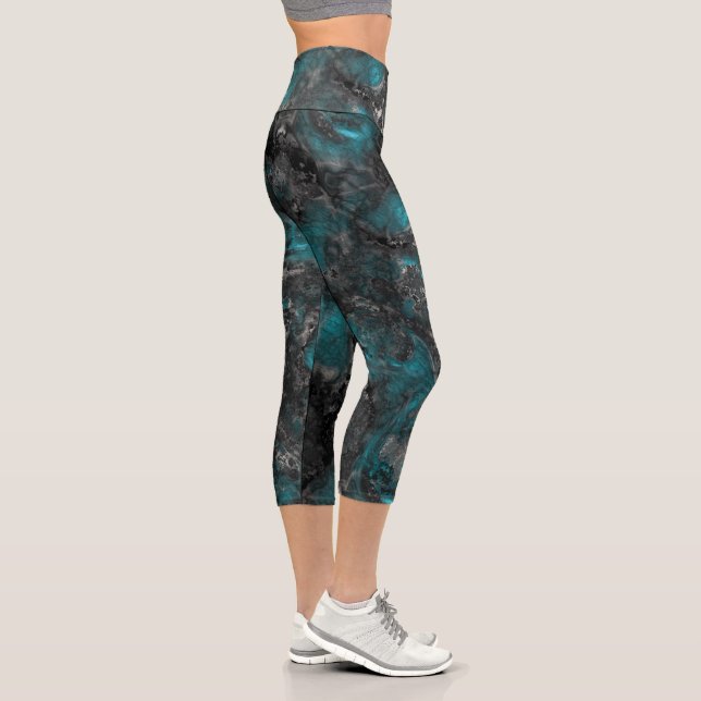 Turquoise and Silver Marble Abstract Capri Leggings (Right)