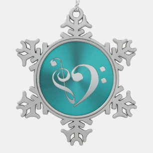 Turquoise and Silver Music Clef Heart Snowflake Pewter Christmas Ornament