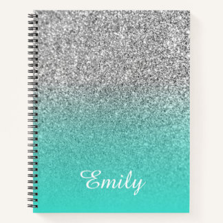 Turquoise and Silver Ombre Glitter Personalised Notebook
