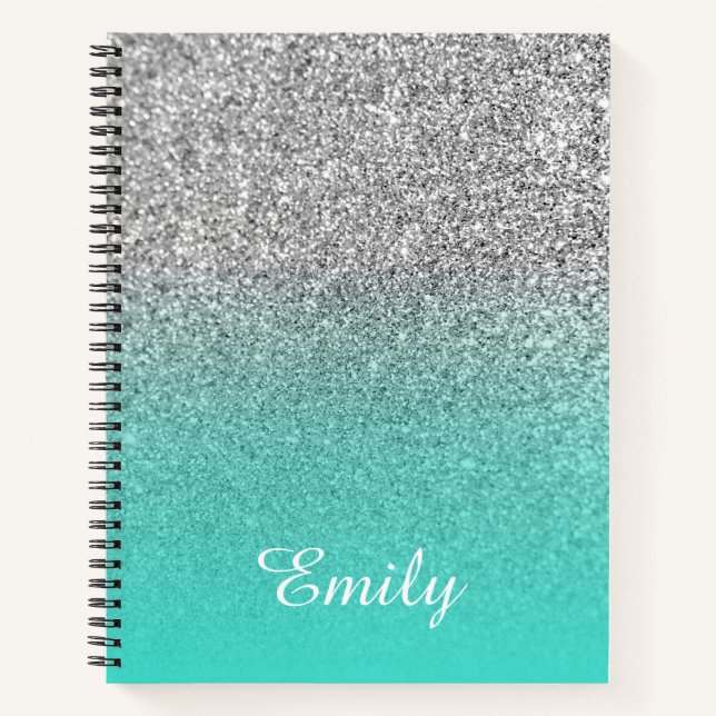 Turquoise and Silver Ombre Glitter Personalised Notebook (Front)