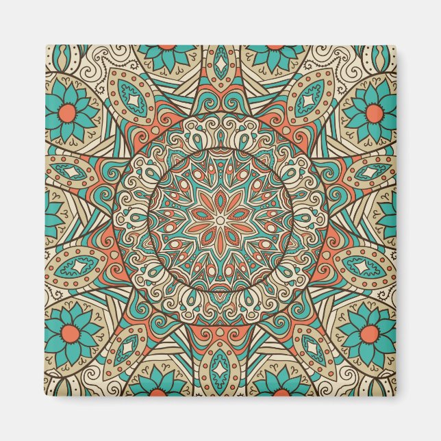 Turquoise and Tan Floral Mandela Magnet (Front)