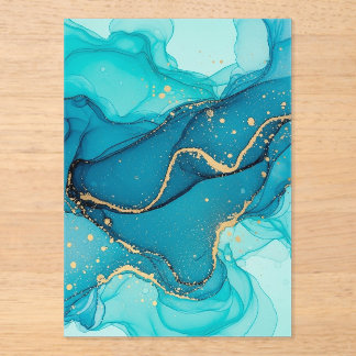 Turquoise and Teal Alcohol Ink Abstract with Gold  Acrylic Invitations