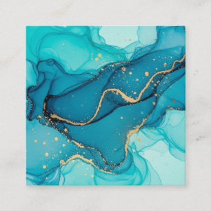 Turquoise and Teal Alcohol Ink Abstract with Gold Enclosure Card