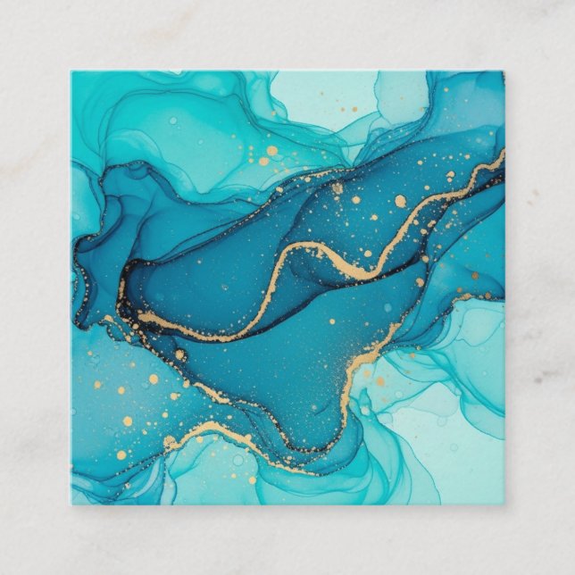 Turquoise and Teal Alcohol Ink Abstract with Gold  Enclosure Card (Front)