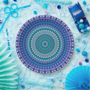 Turquoise and teal blue mandala pattern classic ro paper plate