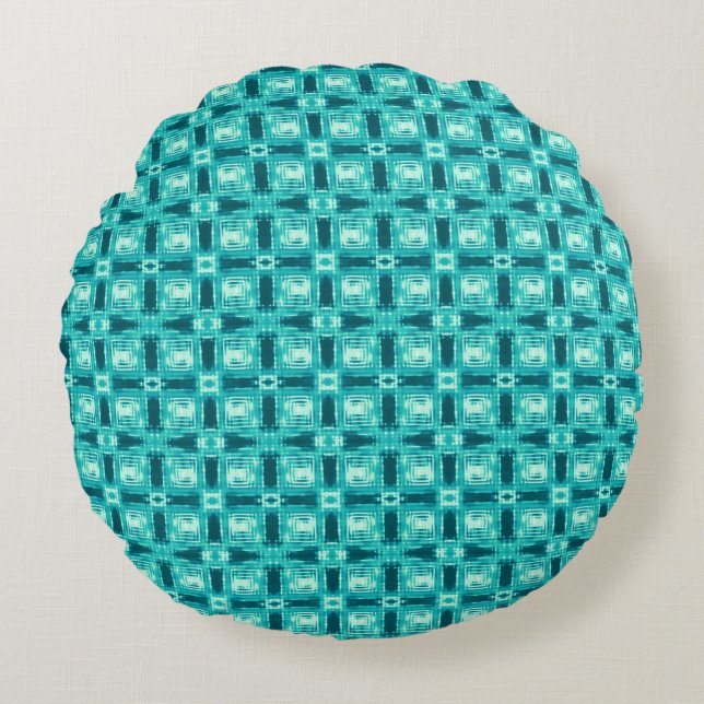 Turquoise and Teal Shibori Plaid Round Cushion (Front)