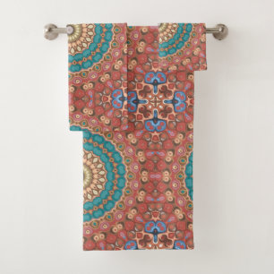 Turquoise and Terracotta Geometric Mandala Pattern Bath Towel Set