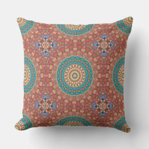 Turquoise and Terracotta Geometric Mandala Pattern Cushion