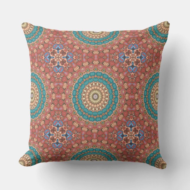 Turquoise and Terracotta Geometric Mandala Pattern Cushion (Front)