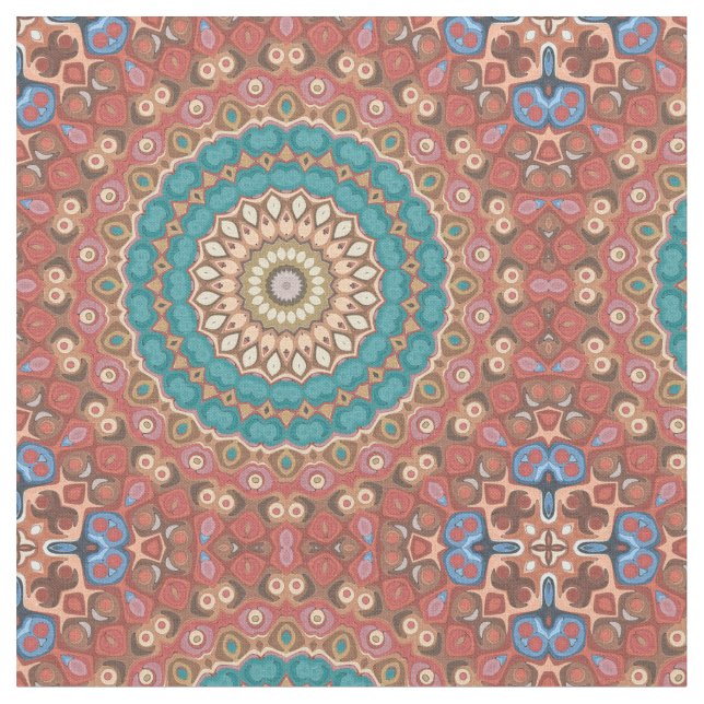 Turquoise and Terracotta Geometric Mandala Pattern Fabric (Close Up)