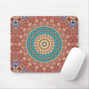 Turquoise and Terracotta Geometric Mandala Pattern Mouse Mat