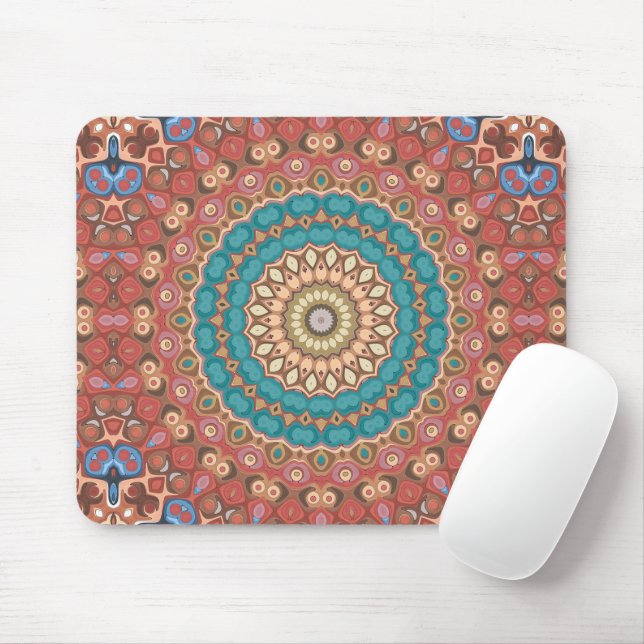 Turquoise and Terracotta Geometric Mandala Pattern Mouse Mat (With Mouse)