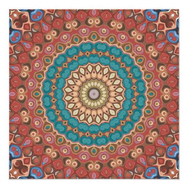 Turquoise and Terracotta Geometric Mandala Pattern Poster (Front)