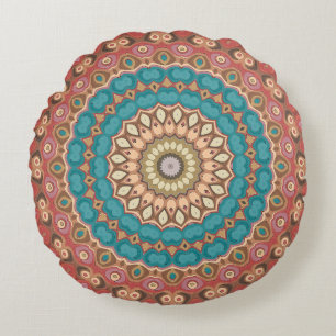 Turquoise and Terracotta Geometric Mandala Pattern Round Cushion