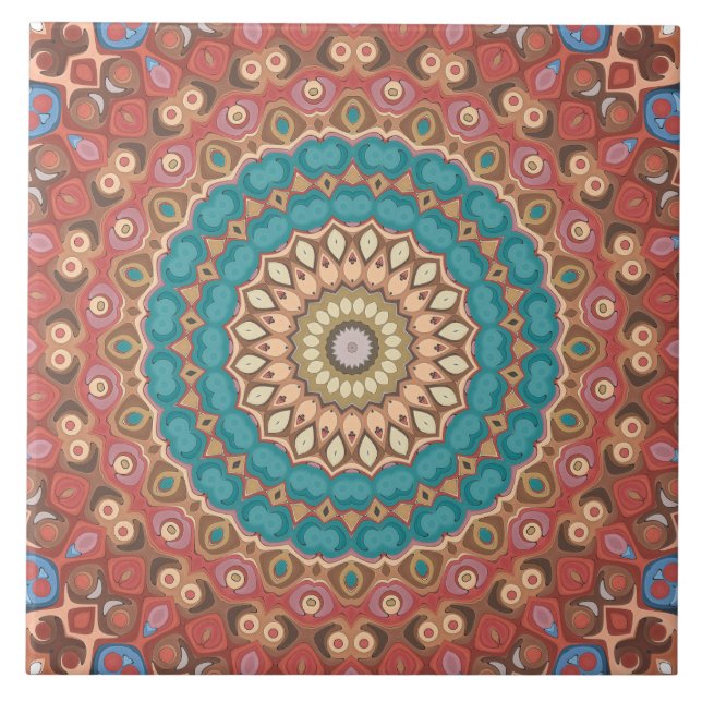 Turquoise and Terracotta Geometric Mandala Pattern Tile (Front)