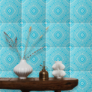 Turquoise and White Bohemian Ornate Damask Pattern Tile