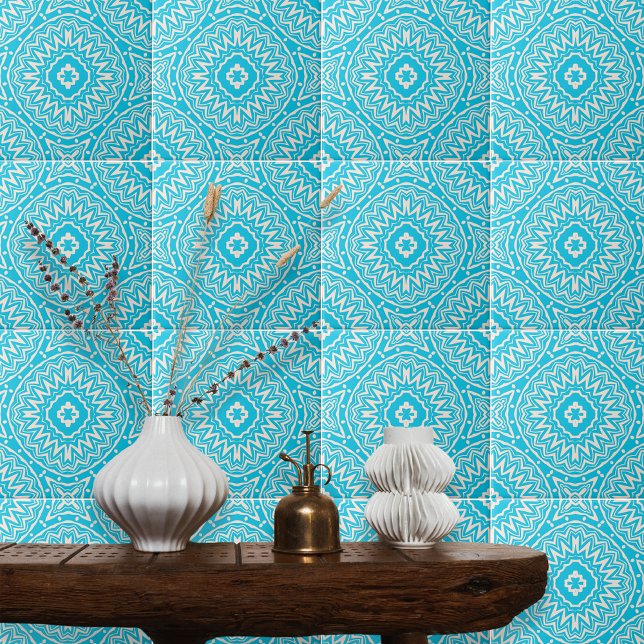 Turquoise and White Bohemian Ornate Damask Pattern Tile (Creator Uploaded)