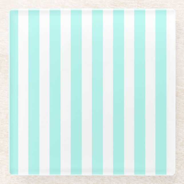 Turquoise and white candy stripes glass coaster (Front)