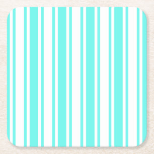 Turquoise and white candy stripes square paper coaster