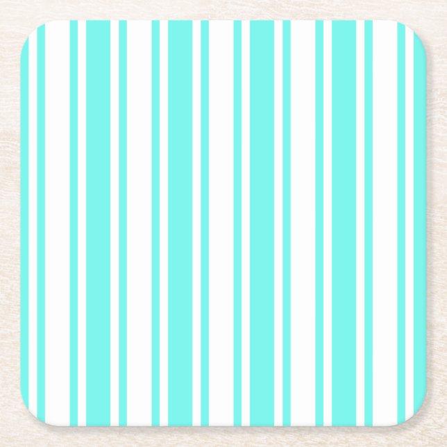 Turquoise and white candy stripes square paper coaster (Front)