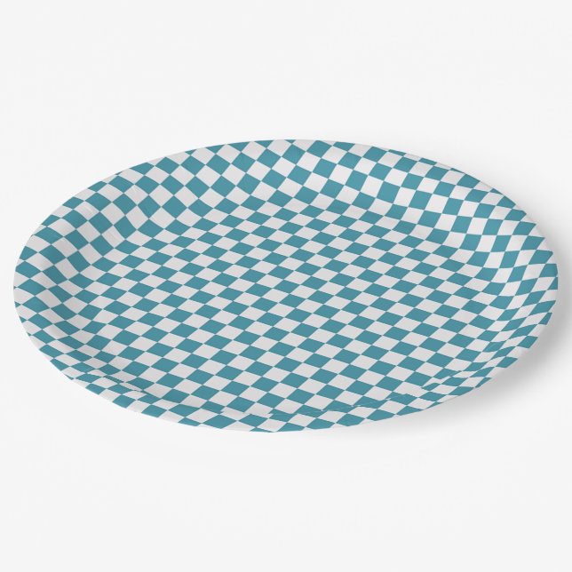 Turquoise and White Chequered Paper Plates (Angled)