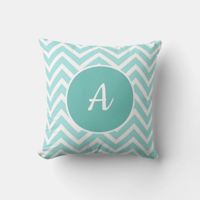 Turquoise and white chevron pattern with monogram cushion (Front)
